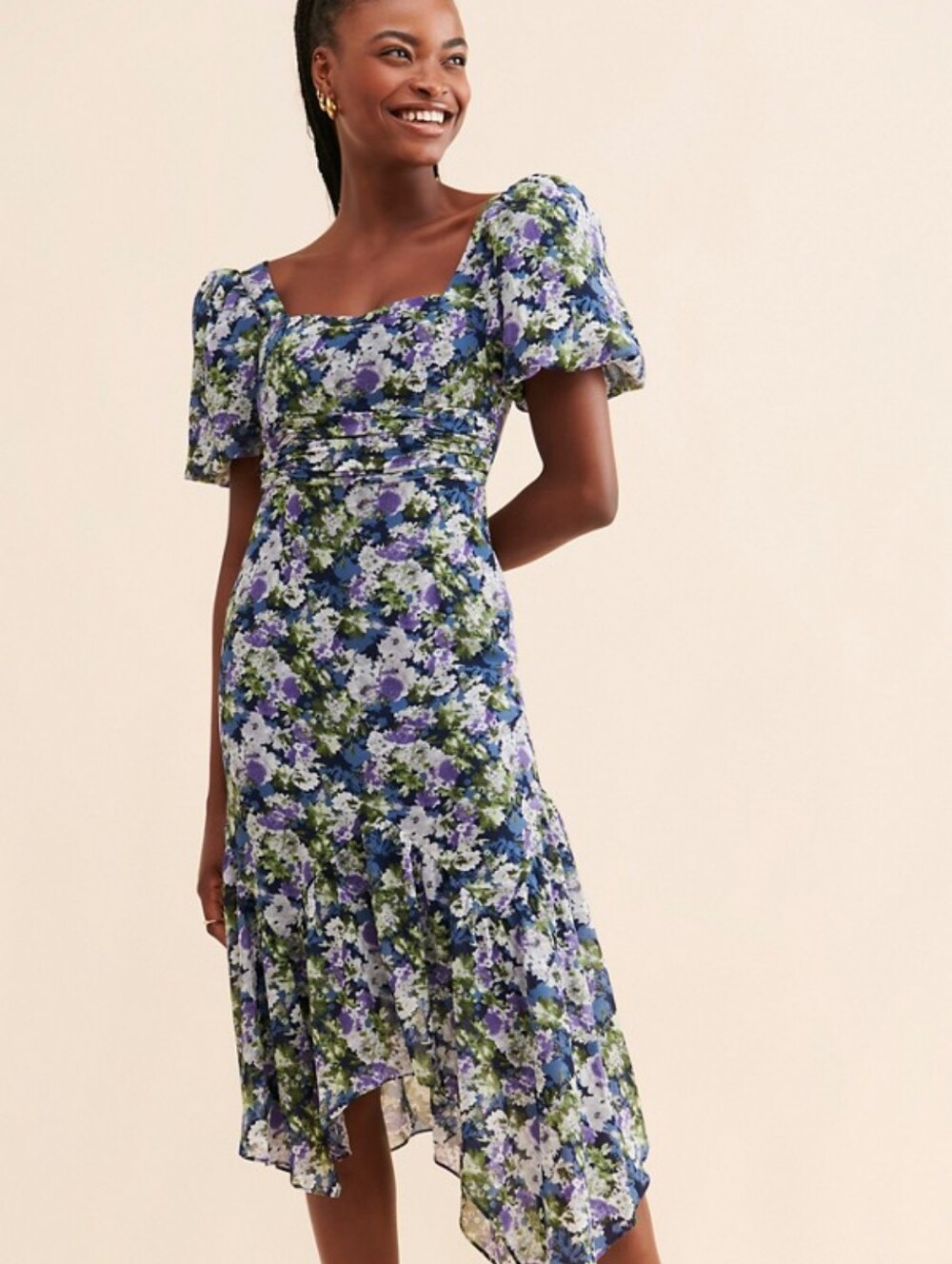 New Astr the Label Asymmetrical Floral Midi Dress Blue Floral Size Medium - Picture 2 of 12